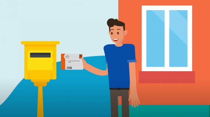 Illustration d'un homme dans la rue postant, dans une boîte au lettre jaune, son kit salivaire après utilisation afin de le faire analyser et devenir donneur de don de moelle osseuse.