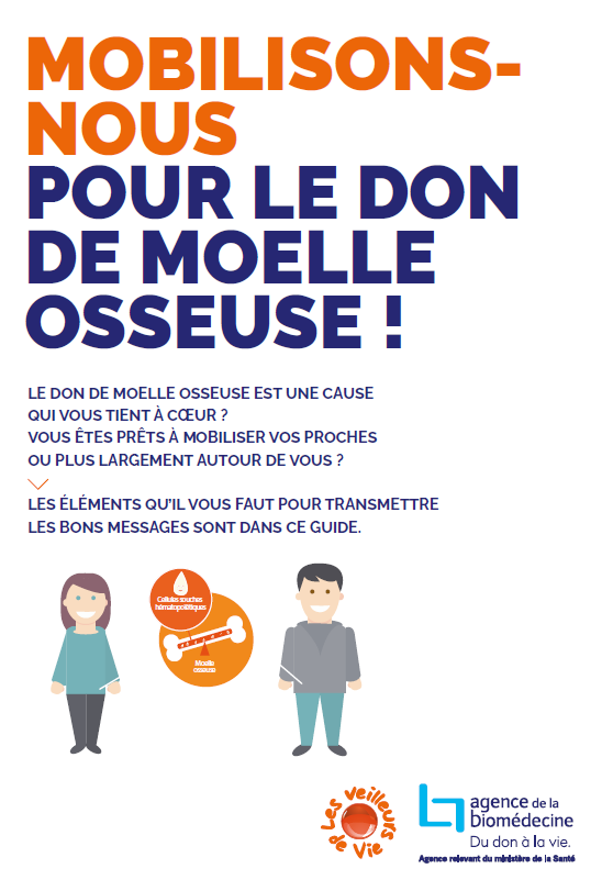 Couverture du guide de l’agence de la biomédecine sur l’importance de se mobiliser et de devenir un donneur de don de moelle osseuse, ainsi que, les éléments nécessaires pour transmettre les bons messages à son entourage. Expliqué dans la moitié supérieure de la couverture tandis que sur la moitié basse, se trouve l’illustration d’une femme et d’un homme séparés par de bulles orange présentant l’emplacement de la moelle osseuse, soit dans les os. Dans le coin bas droit le logo de l’agence de la biomédecine.