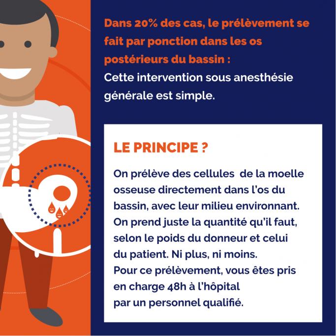 Affiche bleu foncé avec un encadré orange sur la longueur gauche, présentant un homme avec un effet loupe sur les os postérieurs du bassin soit la zone de ponction. Cette affiche présente la part des prélèvements de moelle osseuse par ponction soit 20% et son principe. On prélève des cellules de la moelle osseuse directement dans l’os du bassin, avec leur milieu. On prend juste la quantité qu’il faut, selon le poids du donneur et celui du patient. Ni plus, ni moins avec une prise en charge de 48h.