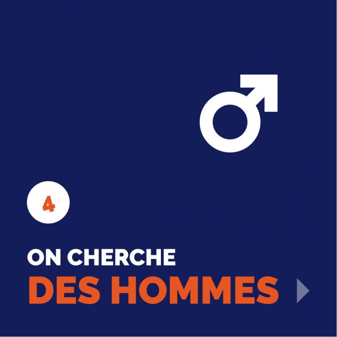 Affiche bleu foncé pour la recherche d'hommes comme donateur de moelle osseuse. Affiche composé du symbole homme en blanc en haut à droite et le titre « on recherche des hommes » en blanc et rouge en bas.